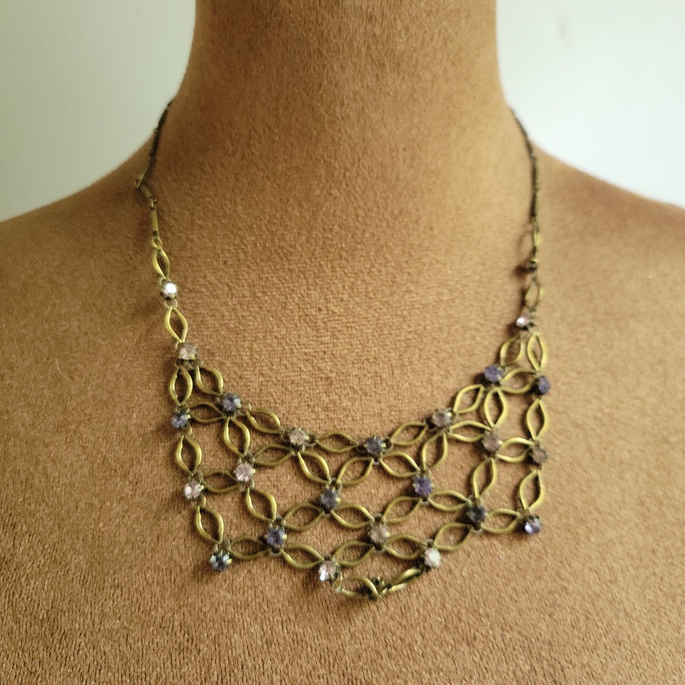1928 Jewelry Co Brass Purple Rhinestone Filigree Bib Necklace 18" Cottagecore